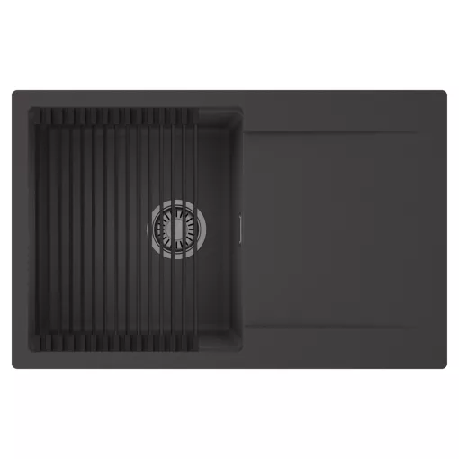 HD Onyx Antracit 78 egymedencés mosogatótálca szett, matt fekete csepegtetőráccsal, csepegtetőtálcával, matt antracit színben, szálcsiszolt króm leeresztő szifonnal