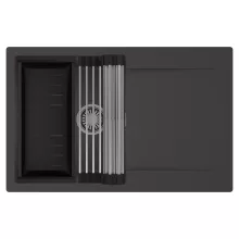 HD Onyx Antracit 78 egymedencés mosogatótálca szett, acél csepegtetőráccsal és matt fekete kosárral, csepegtetőtálcával, matt antracit színben, szálcsiszolt króm leeresztő szifonnal