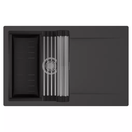 HD Onyx Antracit 78 egymedencés mosogatótálca szett, acél csepegtetőráccsal és matt fekete kosárral, csepegtetőtálcával, matt antracit színben, szálcsiszolt króm leeresztő szifonnal