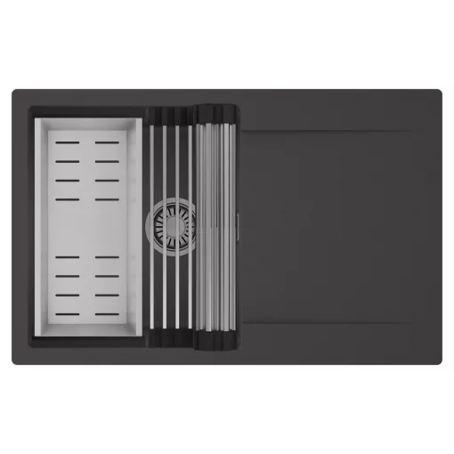 HD Onyx Antracit 78 egymedencés mosogatótálca szett, acél csepegtetőráccsal és kosárral, csepegtetőtálcával, matt antracit színben, szálcsiszolt króm leeresztő szifonnal