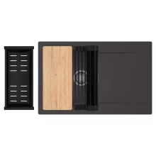 HD Onyx Antracit 78 egymedencés gránit mosogatótálca szett, csepegtetőtálcával, vágódeszkával, matt fekete csepegtetőráccsal és kosárral, matt antracit színben, szálcsiszolt króm leeresztő szifonnal