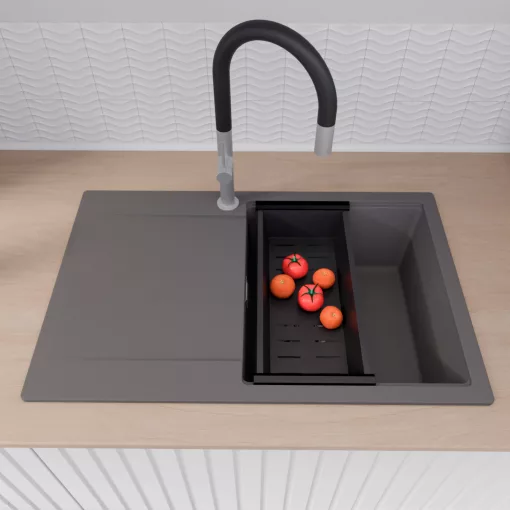 HD Onyx Antracit 78 egymedencés gránit mosogatótálca szett, csepegtetőtálcával, vágódeszkával, matt fekete csepegtetőráccsal és kosárral, matt antracit színben, szálcsiszolt króm leeresztő szifonnal