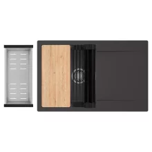 HD Onyx Antracit 78 egymedencés gránit mosogatótálca szett, csepegtetőtálcával, vágódeszkával, matt fekete csepegtetőráccsal és krómozott kosárral, matt antracit színben, szálcsiszolt króm leeresztő szifonnal