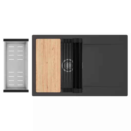 HD Onyx Antracit 78 egymedencés gránit mosogatótálca szett, csepegtetőtálcával, vágódeszkával, matt fekete csepegtetőráccsal és krómozott kosárral, matt antracit színben, szálcsiszolt króm leeresztő szifonnal