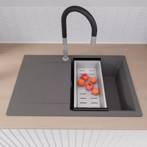 HD Onyx Antracit 78 egymedencés gránit mosogatótálca szett, csepegtetőtálcával, vágódeszkával, matt fekete csepegtetőráccsal és krómozott kosárral, matt antracit színben, szálcsiszolt króm leeresztő szifonnal