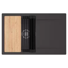 HD Onyx Antracit 78 egymedencés gránit mosogatótálca szett, csepegtetőtálcával, vágódeszkával, matt fekete csepegtetőráccsal, matt antracit színben, szálcsiszolt króm leeresztő szifonnal