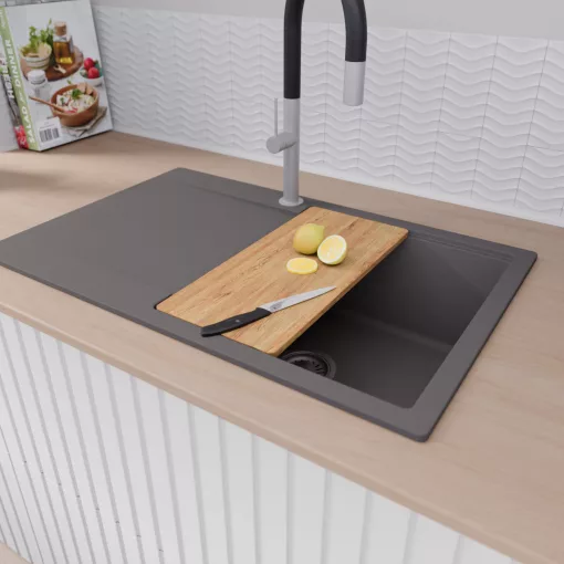 HD Onyx Antracit 78 egymedencés gránit mosogatótálca szett, csepegtetőtálcával, vágódeszkával, matt fekete csepegtetőráccsal, matt antracit színben, szálcsiszolt króm leeresztő szifonnal