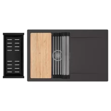 HD Onyx Antracit 78 egymedencés gránit mosogatótálca szett, csepegtetőtálcával, vágódeszkával, acél csepegtetőráccsal és matt fekete kosárral, matt antracit színben, szálcsiszolt króm leeresztő szifonnal