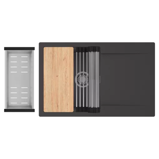 HD Onyx Antracit 78 egymedencés gránit mosogatótálca szett, csepegtetőtálcával, vágódeszkával, acél csepegtetőráccsal és kosárral, matt antracit színben, szálcsiszolt króm leeresztő szifonnal