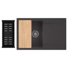 HD Onyx Antracit 78 egymedencés gránit mosogatótálca szett, csepegtetőtálcával, vágódeszkával, matt fekete csepegtetőkosárral, matt antracit színben, szálcsiszolt króm leeresztő szifonnal