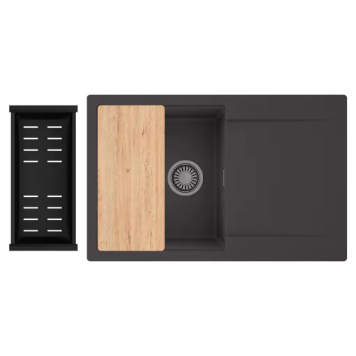 HD Onyx Antracit 78 egymedencés gránit mosogatótálca szett, csepegtetőtálcával, vágódeszkával, matt fekete csepegtetőkosárral, matt antracit színben, szálcsiszolt króm leeresztő szifonnal