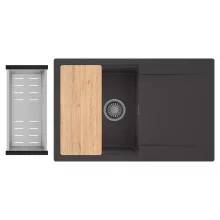 HD Onyx Antracit 78 egymedencés gránit mosogatótálca szett, csepegtetőtálcával, vágódeszkával, acél csepegtetőkosárral, matt antracit színben, szálcsiszolt króm leeresztő szifonnal