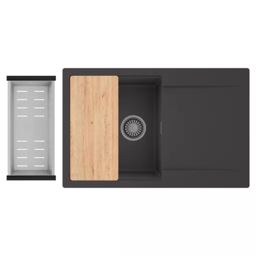 HD Onyx Antracit 78 egymedencés gránit mosogatótálca szett, csepegtetőtálcával, vágódeszkával, acél csepegtetőkosárral, matt antracit színben, szálcsiszolt króm leeresztő szifonnal
