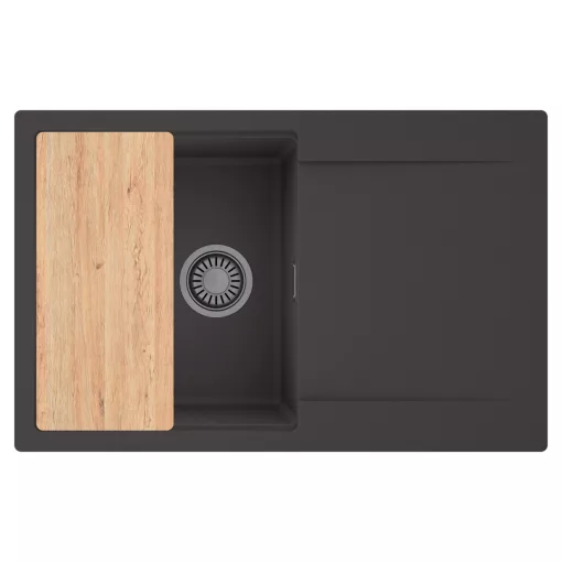 HD Onyx Antracit 78 egymedencés gránit mosogatótálca, vágódeszkával, matt antracit színben, szálcsiszolt króm leeresztő szifonnal