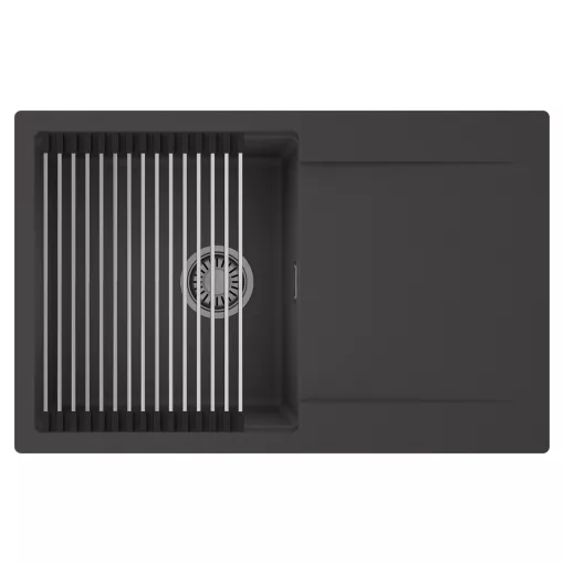 HD Onyx Antracit 78 egymedencés mosogatótálca szett, acél csepegtetőráccsal, csepegtetőtálcával, matt antracit színben, szálcsiszolt króm leeresztő szifonnal
