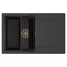 HD Onyx Antracit 78 egymedencés mosogatótálca szett, matt fekete csepegtetőráccsal és kosárral, csepegtetőtálcával, matt antracit színben, szálcsiszolt arany leeresztő szifonnal