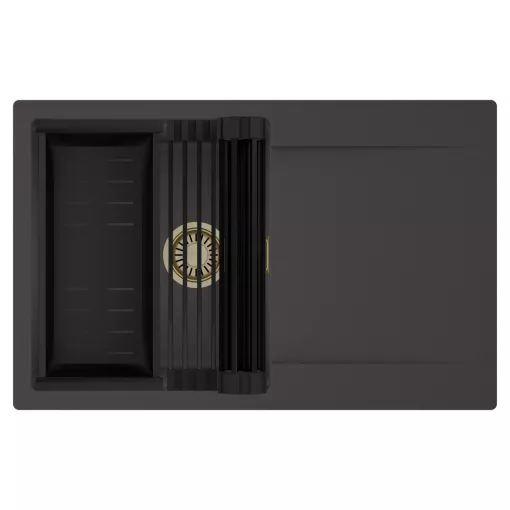 HD Onyx Antracit 78 egymedencés mosogatótálca szett, matt fekete csepegtetőráccsal és kosárral, csepegtetőtálcával, matt antracit színben, szálcsiszolt arany leeresztő szifonnal