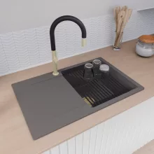 HD Onyx Antracit 78 egymedencés mosogatótálca szett, matt fekete csepegtetőráccsal és kosárral, csepegtetőtálcával, matt antracit színben, szálcsiszolt arany leeresztő szifonnal