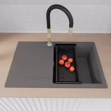 HD Onyx Antracit 78 egymedencés mosogatótálca szett, matt fekete csepegtetőráccsal és kosárral, csepegtetőtálcával, matt antracit színben, szálcsiszolt arany leeresztő szifonnal