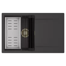 HD Onyx Antracit 78 egymedencés mosogatótálca szett, matt fekete csepegtetőráccsal és krómozott kosárral, csepegtetőtálcával, matt antracit színben, szálcsiszolt arany leeresztő szifonnal