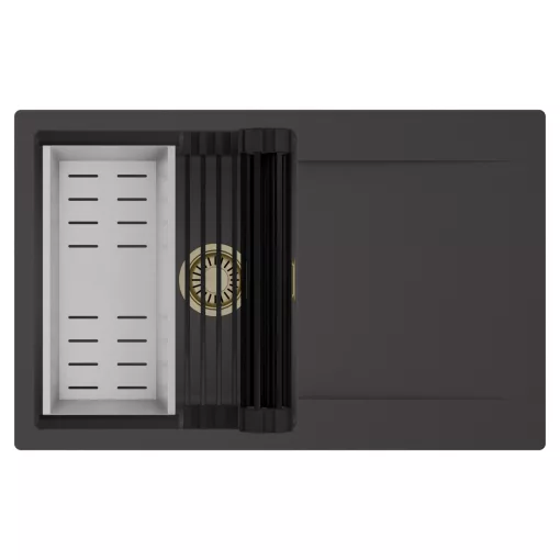 HD Onyx Antracit 78 egymedencés mosogatótálca szett, matt fekete csepegtetőráccsal és krómozott kosárral, csepegtetőtálcával, matt antracit színben, szálcsiszolt arany leeresztő szifonnal