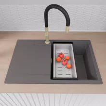 HD Onyx Antracit 78 egymedencés mosogatótálca szett, matt fekete csepegtetőráccsal és krómozott kosárral, csepegtetőtálcával, matt antracit színben, szálcsiszolt arany leeresztő szifonnal