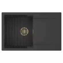 HD Onyx Antracit 78 egymedencés mosogatótálca szett, matt fekete csepegtetőráccsal, csepegtetőtálcával, matt antracit színben, szálcsiszolt arany leeresztő szifonnal