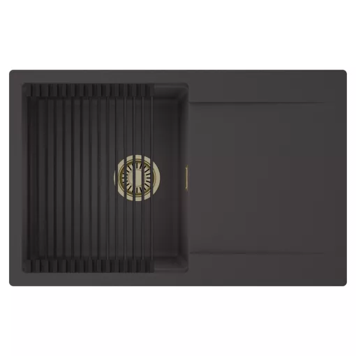 HD Onyx Antracit 78 egymedencés mosogatótálca szett, matt fekete csepegtetőráccsal, csepegtetőtálcával, matt antracit színben, szálcsiszolt arany leeresztő szifonnal
