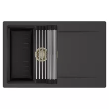 HD Onyx Antracit 78 egymedencés mosogatótálca szett, acél csepegtetőráccsal és matt fekete kosárral, csepegtetőtálcával, matt antracit színben, szálcsiszolt arany leeresztő szifonnal