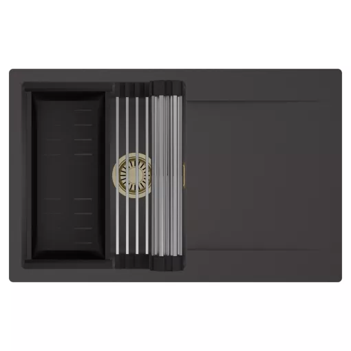 HD Onyx Antracit 78 egymedencés mosogatótálca szett, acél csepegtetőráccsal és matt fekete kosárral, csepegtetőtálcával, matt antracit színben, szálcsiszolt arany leeresztő szifonnal