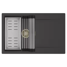 HD Onyx Antracit 78 egymedencés mosogatótálca szett, acél csepegtetőráccsal és kosárral, csepegtetőtálcával, matt antracit színben, szálcsiszolt arany leeresztő szifonnal