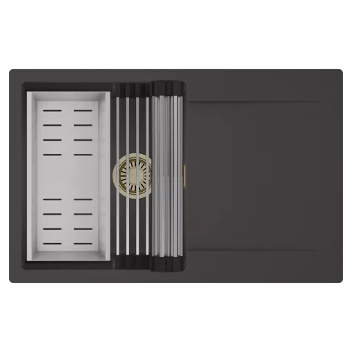 HD Onyx Antracit 78 egymedencés mosogatótálca szett, acél csepegtetőráccsal és kosárral, csepegtetőtálcával, matt antracit színben, szálcsiszolt arany leeresztő szifonnal
