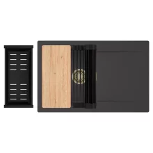 HD Onyx Antracit 78 egymedencés gránit mosogatótálca szett, csepegtetőtálcával, vágódeszkával, matt fekete csepegtetőráccsal és kosárral, matt antracit színben, szálcsiszolt arany leeresztő szifonnal