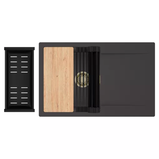 HD Onyx Antracit 78 egymedencés gránit mosogatótálca szett, csepegtetőtálcával, vágódeszkával, matt fekete csepegtetőráccsal és kosárral, matt antracit színben, szálcsiszolt arany leeresztő szifonnal