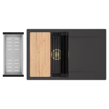 HD Onyx Antracit 78 egymedencés gránit mosogatótálca szett, csepegtetőtálcával, vágódeszkával, matt fekete csepegtetőráccsal és krómozott kosárral, matt antracit színben, szálcsiszolt arany leeresztő szifonnal