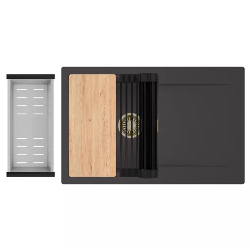 HD Onyx Antracit 78 egymedencés gránit mosogatótálca szett, csepegtetőtálcával, vágódeszkával, matt fekete csepegtetőráccsal és krómozott kosárral, matt antracit színben, szálcsiszolt arany leeresztő szifonnal