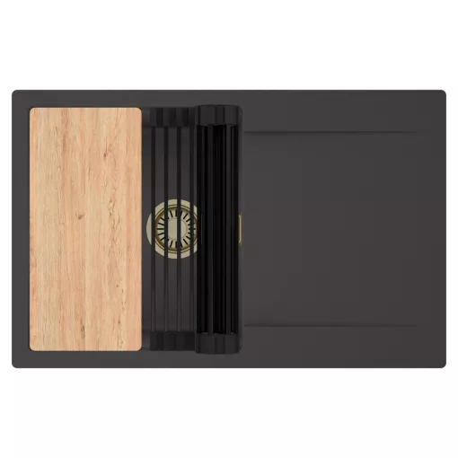 HD Onyx Antracit 78 egymedencés gránit mosogatótálca szett, csepegtetőtálcával, vágódeszkával, matt fekete csepegtetőráccsal, matt antracit színben, szálcsiszolt arany leeresztő szifonnal