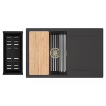 HD Onyx Antracit 78 egymedencés gránit mosogatótálca szett, csepegtetőtálcával, vágódeszkával, acél csepegtetőráccsal és matt fekete kosárral, matt antracit színben, szálcsiszolt arany leeresztő szifonnal