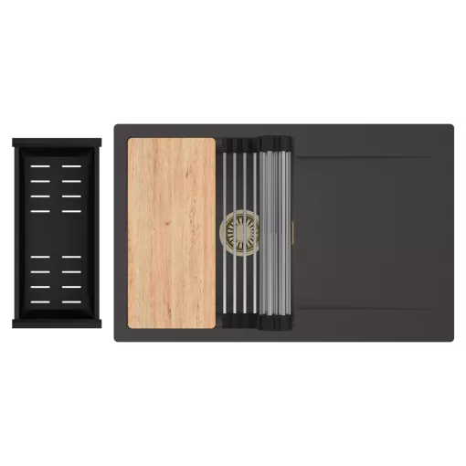 HD Onyx Antracit 78 egymedencés gránit mosogatótálca szett, csepegtetőtálcával, vágódeszkával, acél csepegtetőráccsal és matt fekete kosárral, matt antracit színben, szálcsiszolt arany leeresztő szifonnal