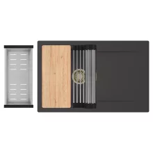 HD Onyx Antracit 78 egymedencés gránit mosogatótálca szett, csepegtetőtálcával, vágódeszkával, acél csepegtetőráccsal és kosárral, matt antracit színben, szálcsiszolt arany leeresztő szifonnal