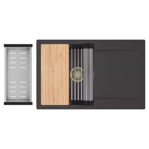 HD Onyx Antracit 78 egymedencés gránit mosogatótálca szett, csepegtetőtálcával, vágódeszkával, acél csepegtetőráccsal és kosárral, matt antracit színben, szálcsiszolt arany leeresztő szifonnal