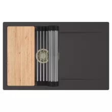 HD Onyx Antracit 78 egymedencés gránit mosogatótálca szett, csepegtetőtálcával, vágódeszkával, acél csepegtetőráccsal, matt antracit színben, szálcsiszolt arany leeresztő szifonnal