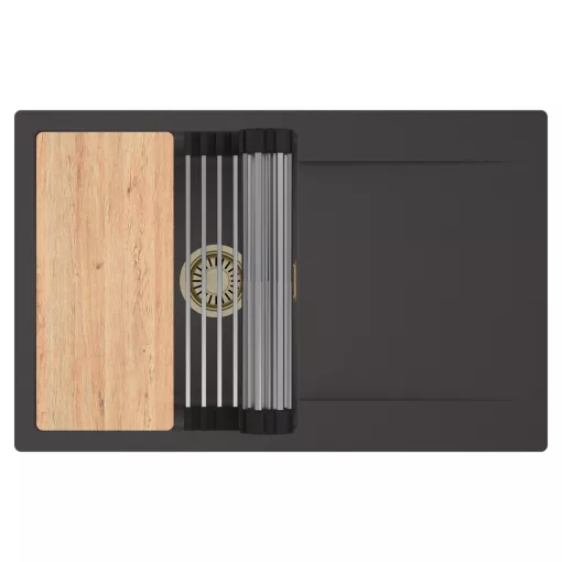 HD Onyx Antracit 78 egymedencés gránit mosogatótálca szett, csepegtetőtálcával, vágódeszkával, acél csepegtetőráccsal, matt antracit színben, szálcsiszolt arany leeresztő szifonnal