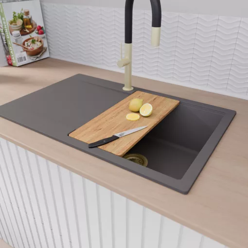 HD Onyx Antracit 78 egymedencés gránit mosogatótálca szett, csepegtetőtálcával, vágódeszkával, acél csepegtetőráccsal, matt antracit színben, szálcsiszolt arany leeresztő szifonnal