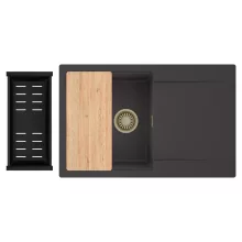 HD Onyx Antracit 78 egymedencés gránit mosogatótálca szett, csepegtetőtálcával, vágódeszkával, matt fekete csepegtetőkosárral, matt antracit színben, szálcsiszolt arany leeresztő szifonnal