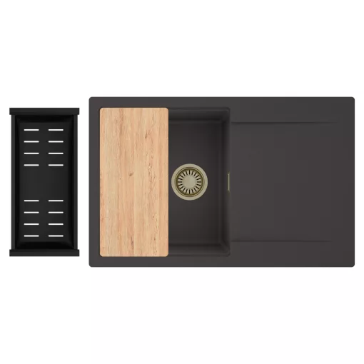 HD Onyx Antracit 78 egymedencés gránit mosogatótálca szett, csepegtetőtálcával, vágódeszkával, matt fekete csepegtetőkosárral, matt antracit színben, szálcsiszolt arany leeresztő szifonnal
