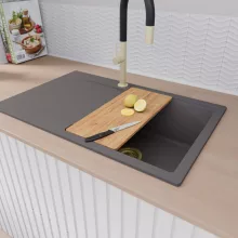 HD Onyx Antracit 78 egymedencés gránit mosogatótálca szett, csepegtetőtálcával, vágódeszkával, matt fekete csepegtetőkosárral, matt antracit színben, szálcsiszolt arany leeresztő szifonnal