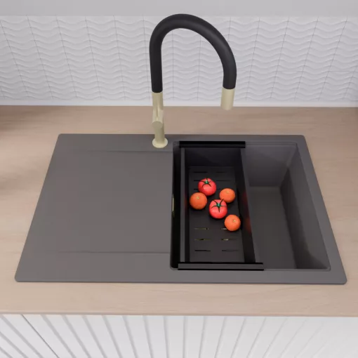 HD Onyx Antracit 78 egymedencés gránit mosogatótálca szett, csepegtetőtálcával, vágódeszkával, matt fekete csepegtetőkosárral, matt antracit színben, szálcsiszolt arany leeresztő szifonnal