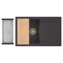 HD Onyx Antracit 78 egymedencés gránit mosogatótálca szett, csepegtetőtálcával, vágódeszkával, acél csepegtetőkosárral, matt antracit színben, szálcsiszolt arany leeresztő szifonnal