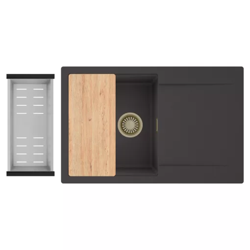 HD Onyx Antracit 78 egymedencés gránit mosogatótálca szett, csepegtetőtálcával, vágódeszkával, acél csepegtetőkosárral, matt antracit színben, szálcsiszolt arany leeresztő szifonnal